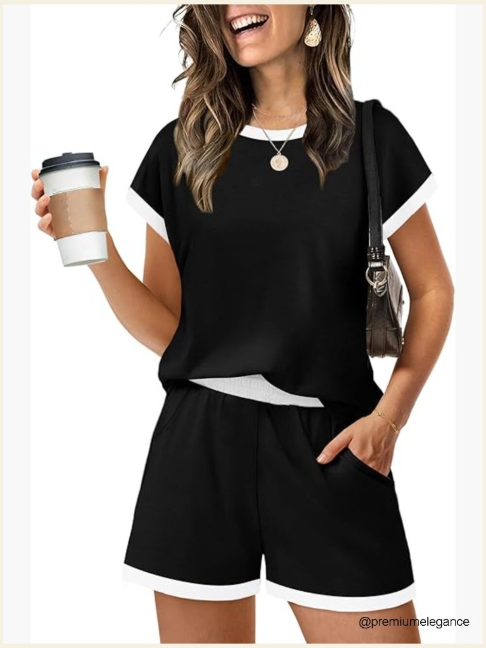 Two Piece Short Set with Pockets Crew Neck Cap Sleeve Lounge Set